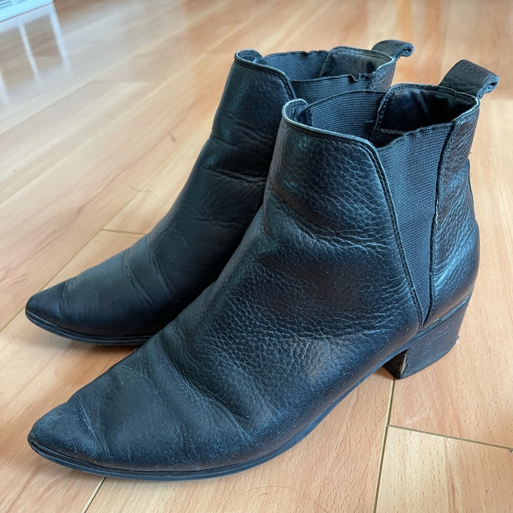 black leather pointed toe booties